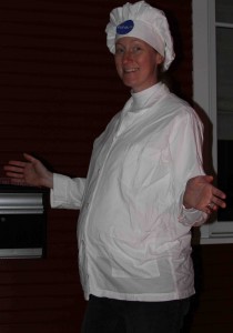 Steph on the night we hoped to give birth, dressed as the Pillsbury Dough Boy!